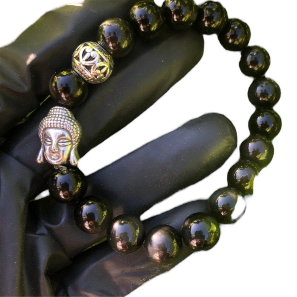 Authentic Rainbow Obsidian Bracelet with Silver Buddha Beaded Bohemian Stretch